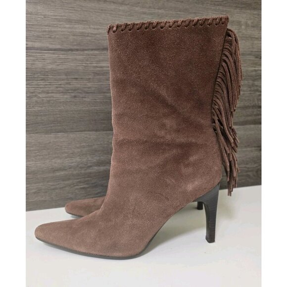 Womens Suede Leather Ankle Boots w/ Fringe Size 7.5 Brown Western Carlos Santa - Picture 1 of 8